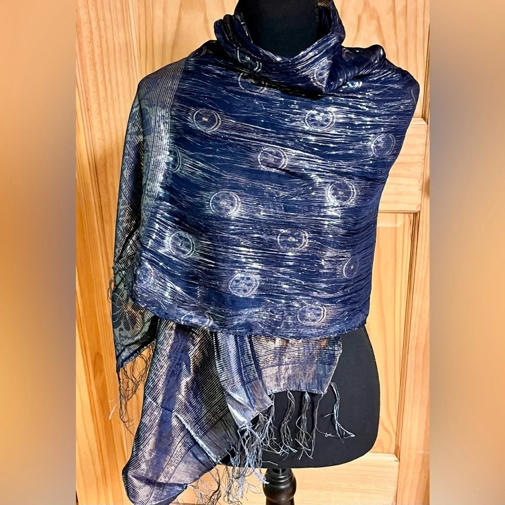 Vintage Navy Blue Silk Metallic Shimmer Scarf Wrap Evening Shawl Fringe Holiday